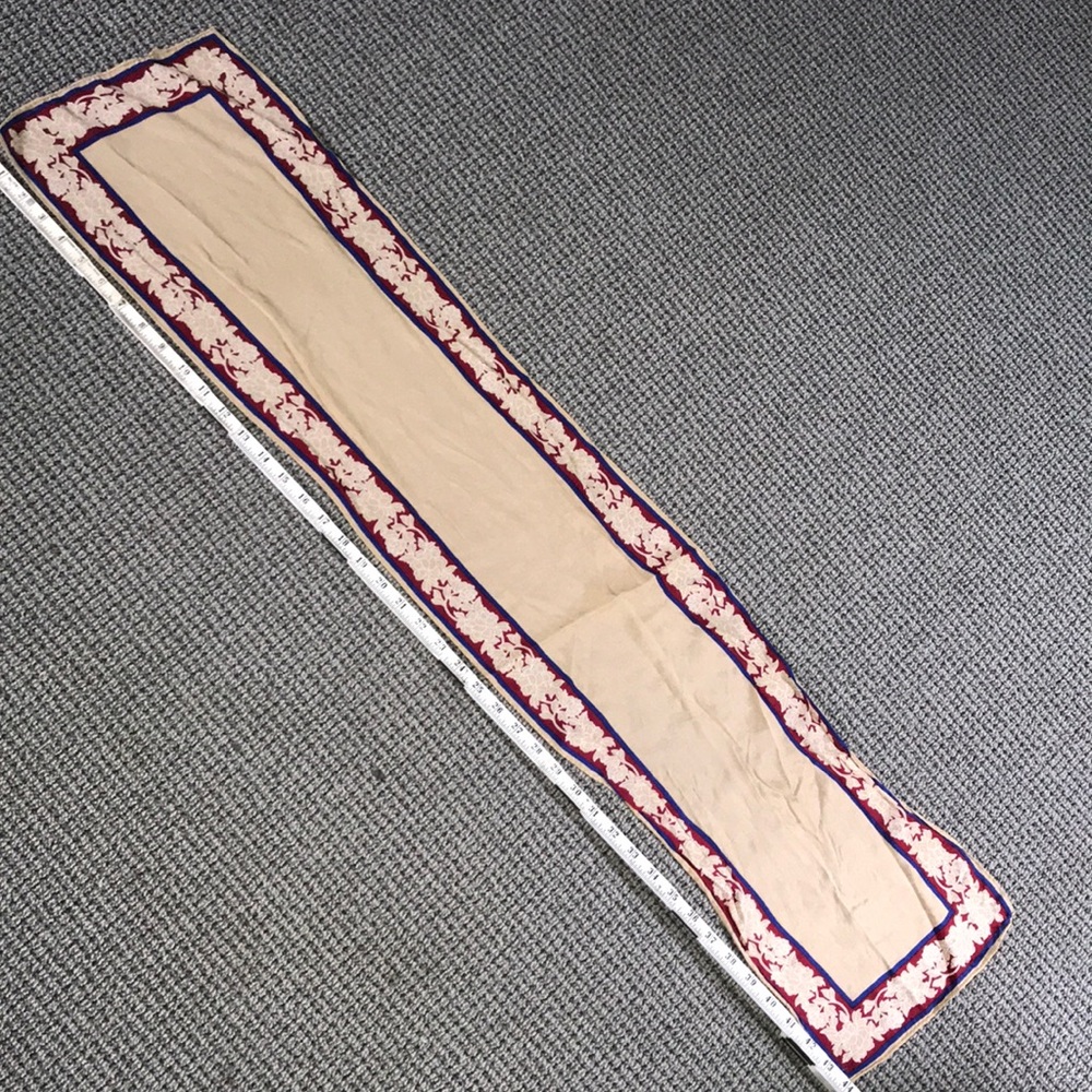 Women's Decorative Long Silk Scarf‎ - Beige with Pink & Blue Border